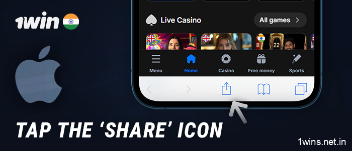 Tap the “Share” button to install the 1Win app on iOS